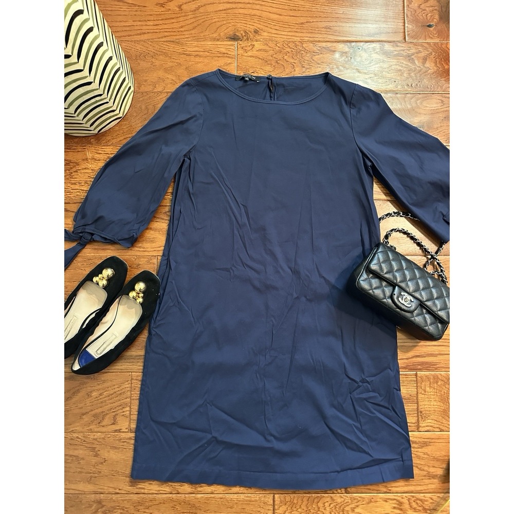 Lafayette 148 New York Navy Cotton Shift Dress Tie Cuff Sleeve Womens S Pocket